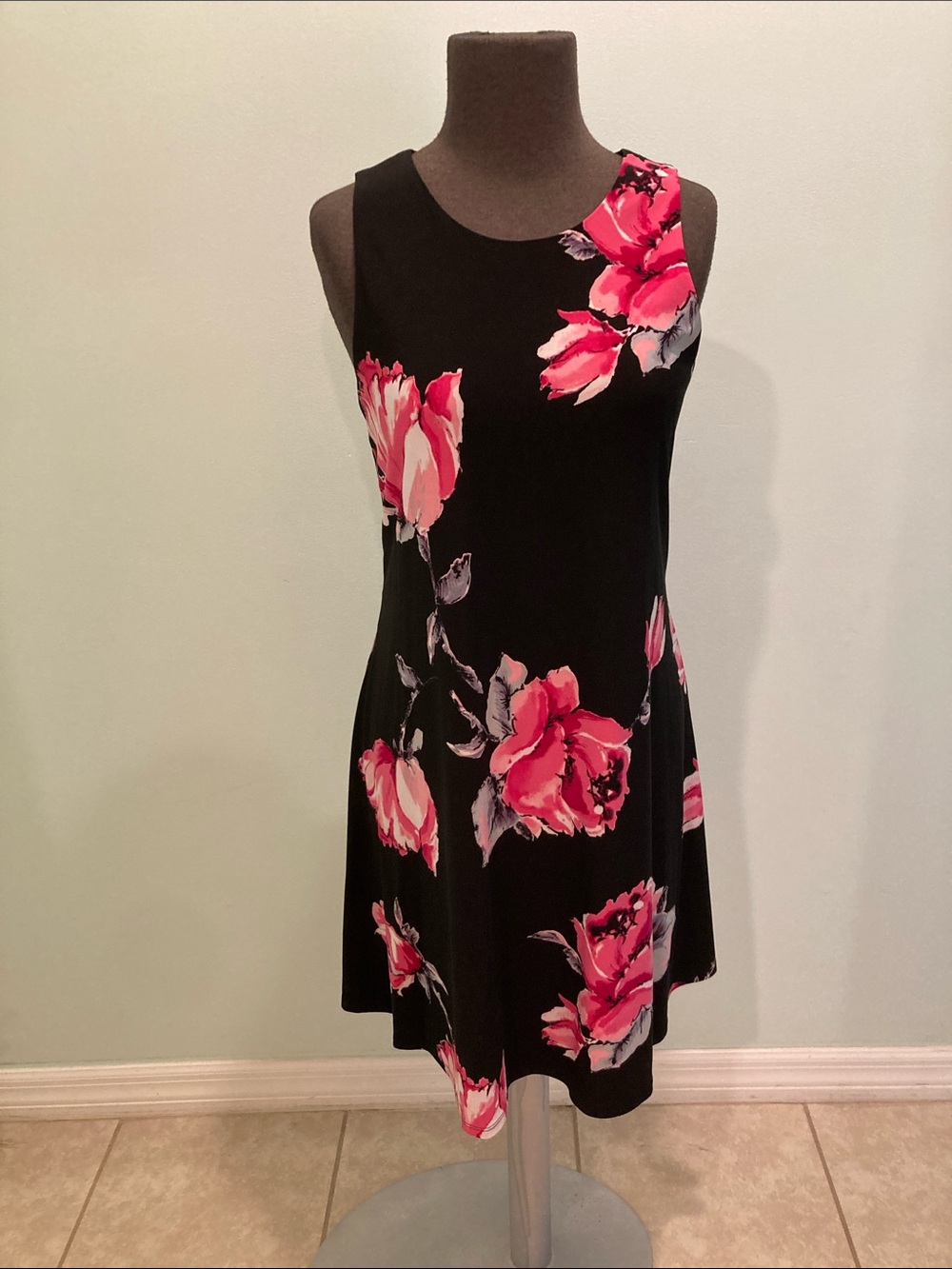 Anne Klein Black Sleeveless Dress with Pink Floral Motif